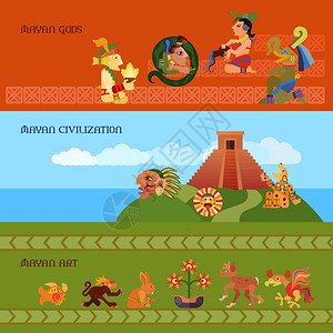 玛雅横幅玛雅水平横幅与神文明艺术符号平孤立矢量插图图片