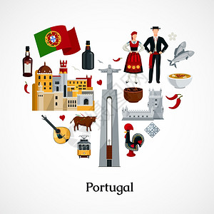 里斯本建筑葡萄牙平插图平图标的心脏形式与葡萄牙符号,景点,美食服装白色背景矢量插图插画