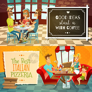 家人餐厅人们餐厅的水平横幅餐厅里的人两个水平横幅,咖啡馆的游客喝咖啡,家人孩子比萨饼店平矢量插图的内部插画
