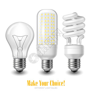 三个颜色光LED灯泡套装三个同形状的LED灯泡白色背景上真实的孤立矢量插图插画