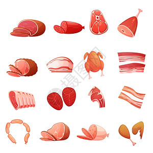 熏鲅鱼肉集美食熟食肉类图标集美食熟食与碳酸盐香肠,法兰克福香肠,腰部熏脂肪,平矢量插图插画