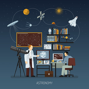 天文学天文学与科学家共同承担宇宙探索现代研究设备平矢量插图图片
