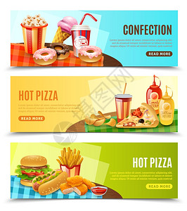 快餐水平横幅热比萨餐厅线订购3平水平横幅与快餐菜单信息隔离矢量插图图片