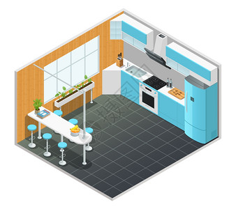 厨房内部等距插图厨房颜色等距与高桌电器矢量插图图片