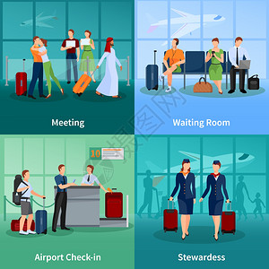机场人平2x2理念机场平2x2集的乘客与行李会议人员空姐矢量插图图片
