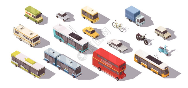 小型公共汽车运输等距集运输等距与公共汽车自行车隔离矢量图插画