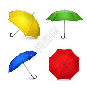 雨伞写实鲜艳的彩色雨伞4幅真实的图像女士时尚配饰4鲜艳的彩色雨伞,写实的方形构图,黄色蓝色绿色红色矢量插图插画