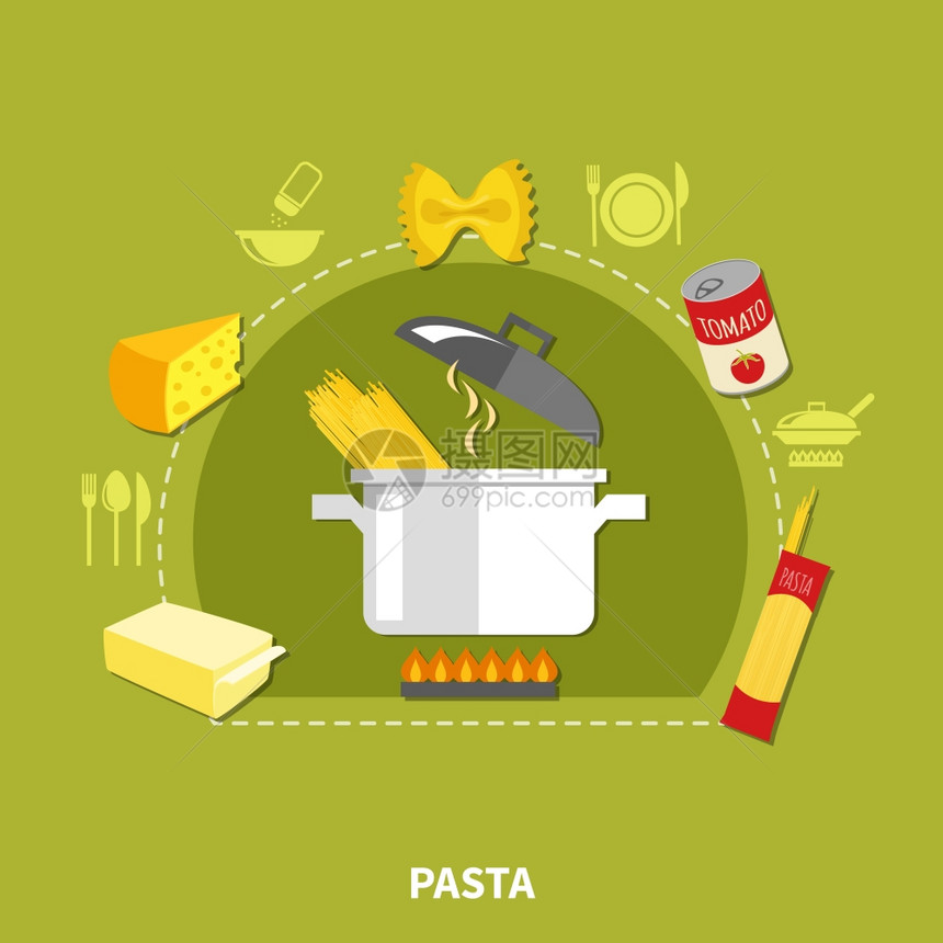 家庭烹饪家庭烹饪与意大利,通心粉,黄油,奶酪罐锅分离矢量插图图片