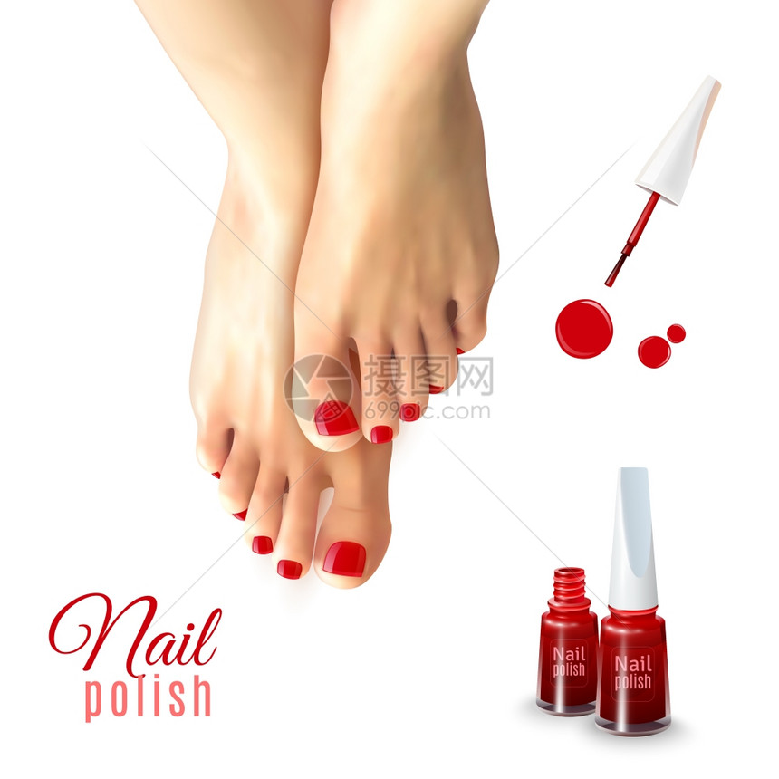 修脚指甲油修脚红色指甲油女脚隔离白色背景现实矢量插图图片