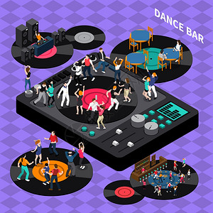 舞蹈俱乐部酒吧等距构图海报DJ俱乐部酒吧复古风格乙烯基盘舞地板等距构图海报与节奏移动的人矢量插图图片