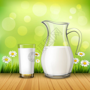 木糠杯水壶杯牛奶乡村现实风格与水壶璃牛奶木桌上绿色背景与洋甘菊矢量插图插画