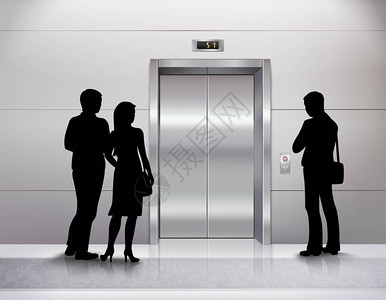 三个人等待电梯的剪影三个男女的身影站现代电梯前,等待它的现实矢量插图插画