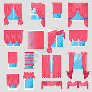 贝尤鲁红色窗帘红色窗帘集复古纺品模型与兰贝金现代贾洛西罗马盲人孤立矢量插图插画