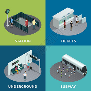 地铁等距彩色等距2x2描绘地铁售票地下地铁矢量图背景图片