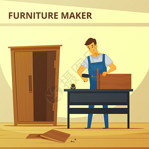 木匠装家具平海报木匠装家具平海报与轻的专业人员工作手锤橱柜抽象矢量插图背景图片