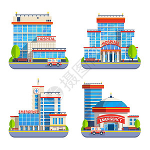 现代建筑图标医院平隔离图标图标集现代城市医院急救大楼与救护车平矢量插图插画