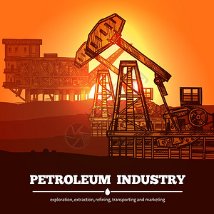 玫瑰花提炼油石油工业理念石油工业与手绘钻机描述勘探提炼运输营销矢量图插画