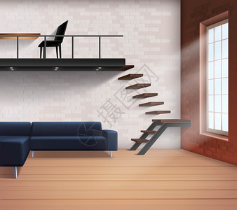 现实的阁楼内部现实的阁楼内部,极简风格与沙发楼梯,桌椅矢量插图背景图片