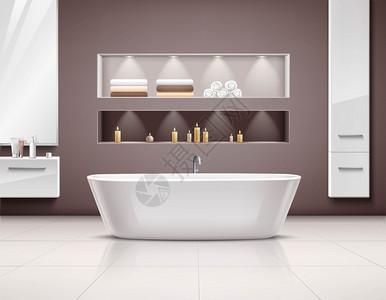 浴室内部写实豪华浴室内部装饰与白色浴缸配件矢量插图图片