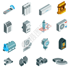加热冷却系统等距图标加热冷却系统等距图标集同的元素平风格孤立矢量插图图片