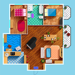平层公寓建筑平图建筑平图中两间卧室客厅厨房浴室家具平矢量图插画
