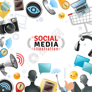 社交设备社交媒体模板社交媒体模板与现代设备技术元素标志的白色背景矢量插图插画