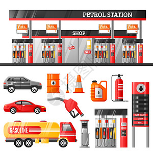 加油站理念加油站与罐式加油加油架汽油加油机平图标隔离矢量插图图片