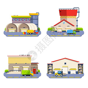 小仓库素材仓库平图标同大小形状的仓库建筑与货物运输平图标白色背景隔离矢量插图上插画