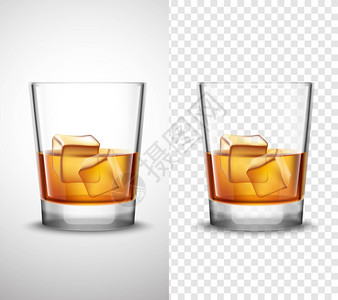 白兰地酒杯威士忌璃器皿现实透明横幅苏格兰威士忌眼镜酒精冰块2现实横幅与透明背景隔离矢量插图插画