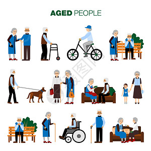 老年人轮椅老人设定男女老人同的场景白色背景平孤立矢量插图上插画