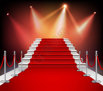 明星红地毯楼梯的红地毯白色楼梯覆盖着红地毯,用聚光灯现实的矢量插图照亮插画
