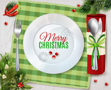 圣诞餐巾诞晚餐餐具写实构图海报诞餐桌上的盘子餐具架,用于勺子刀的真实海报矢量插图插画