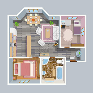 平层公寓建筑平平图顶部视图建筑平图顶视图与客厅,浴室,厨房休息室家具矢量插图插画
