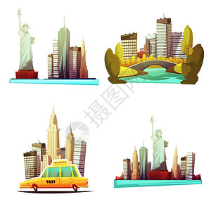 中央公园西纽约市中心2x2作品纽约市中心2x2卡通作品与天际线雕像自由黄色出租车中央公园元素平矢量插图插画