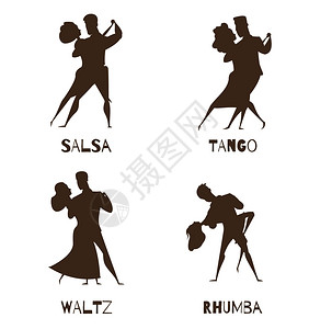 舞蹈夫妇黑色复古卡通图标古典搭档复古舞蹈4黑色卡通图标收集与华尔兹探戈萨尔萨孤立矢量插图背景图片