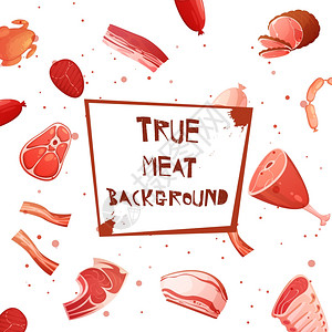 猪肉纹理卡通肉套无缝图案卡通肉集无缝图案与铭文真正的肉背景牌匾上的中心矢量插图插画