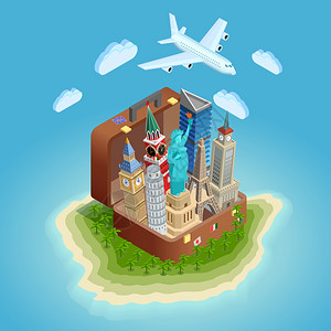 带地标的旅游海报岛上的大手提箱海报,著名的塔楼雕像飞机,天空等距矢量插图背景图片