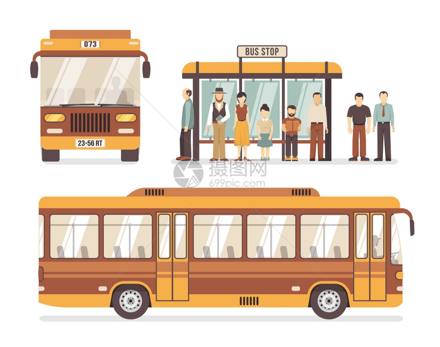 城市公共汽车站平图标彩色平装饰图标,描绘公交车站人城市公交矢量插图图片