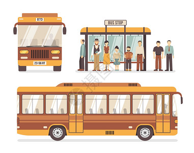 平天湖城市公共汽车站平图标彩色平装饰图标,描绘公交车站人城市公交矢量插图插画