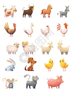 农场动物卡通集农场动物卡通图标集牛马公羊猫兔孤立矢量插图背景图片
