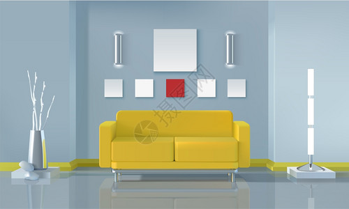 客厅灯具现代客厅室内现代客厅室内与黄色沙发灯具现实矢量插图插画