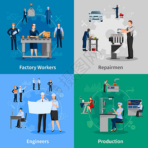 优秀产品经理人工厂工人2x2合物彩色2x2合物与专业人员工作中介绍工厂工人修理工工程师生产平矢量插图插画