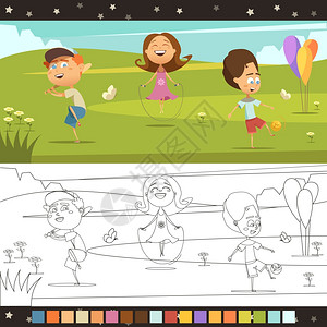 孩子们着色页播放儿童着色卡通水平页与配色方案孤立矢量插图图片