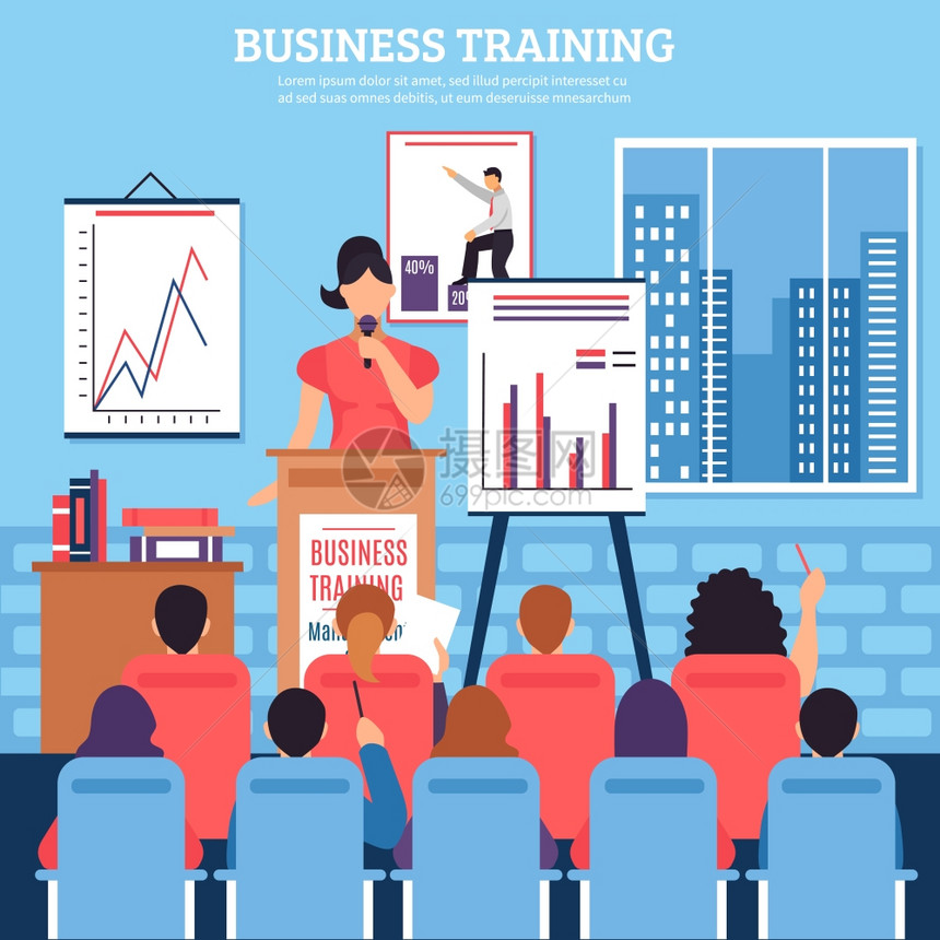 业务培训模板商业培训模板与讲师观众研讨会上的员工发展平风格矢量插图图片