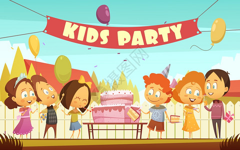 儿童派卡通背景儿童派卡通背景与趣的陪伴男孩女孩庆祝生日户外平矢量插图图片