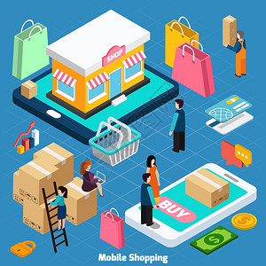 移动购物等距移动购物与相关元素等距的蓝色背景矢量插图图片