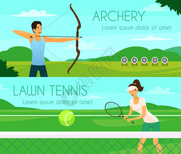 体育人士平旗运动员彩色水平横幅与轻女孩打网球弓箭手目标平矢量插图图片