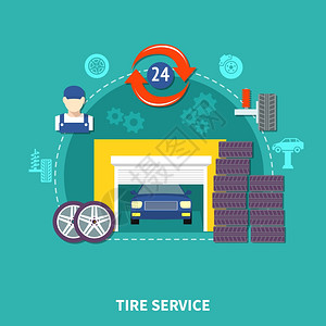 轮胎服务扁平化理念轮胎服务平与车轮元素的悬挂汽车车库装饰图标矢量插图图片