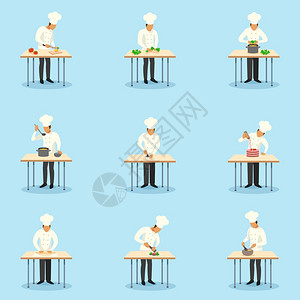 厨师职业图标烹饪专业图标蓝色背景平孤立矢量插图图片