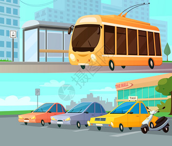 小型公共汽车城市交通卡通作品城市交通卡通作品与手推车街道车站商场停车与出租车摩托车平矢量插图插画